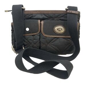 Vtg‎ Fossil Key Per Black and Brown Gold Hardware Quilted Fabric Crossbody Bag